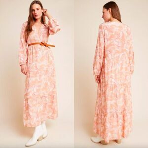 Kachel x Anthropologie cream pink paisley Bernadette silk long sleeve maxi dress
